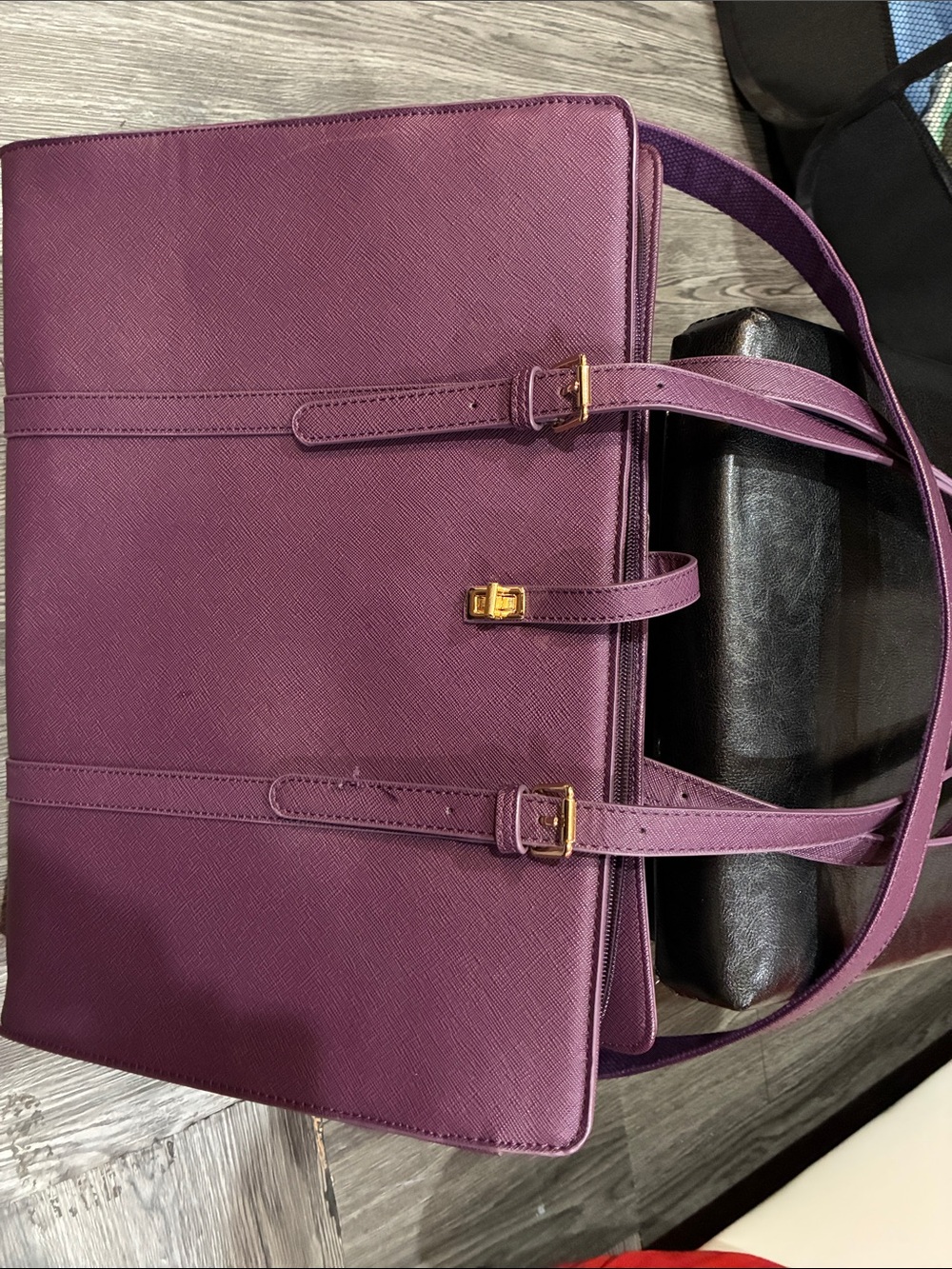 Structured Purple Tote with Gold Buckle Accents